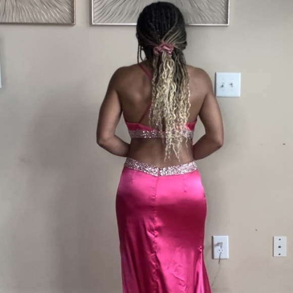 Cache Hot Pink and Silver Beaded Sequin Sexy Low Back Prom Evening Gown - Picture 6 of 15